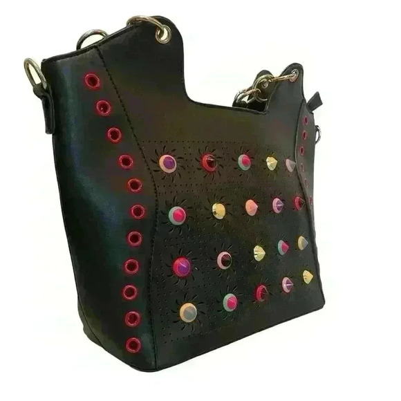 Black  Tote Bag Faux Leather Colorful Studs & Grommet Details, Large 80s Rock - Picture 3 of 16